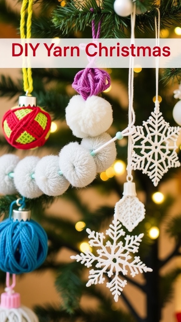 A collection of handmade yarn Christmas decorations including ornaments, a pom-pom garland, and knitted snowflakes.